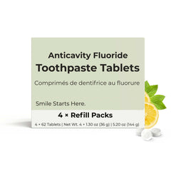 Anticavity fluoride toothpaste tablets with packaging on a white background