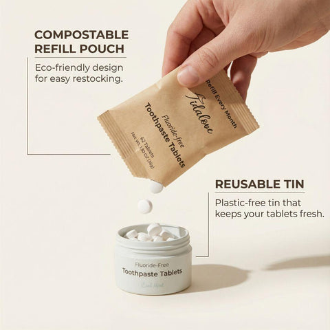 Toothpaste Tablets with compostable refill pouch and reusable tin on a light background