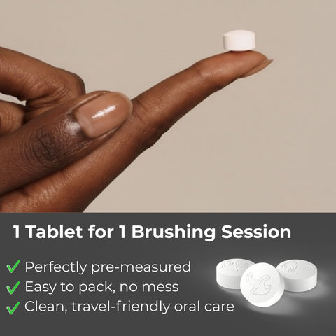 Hand holding a white tablet with text about dental care tablets on a beige background