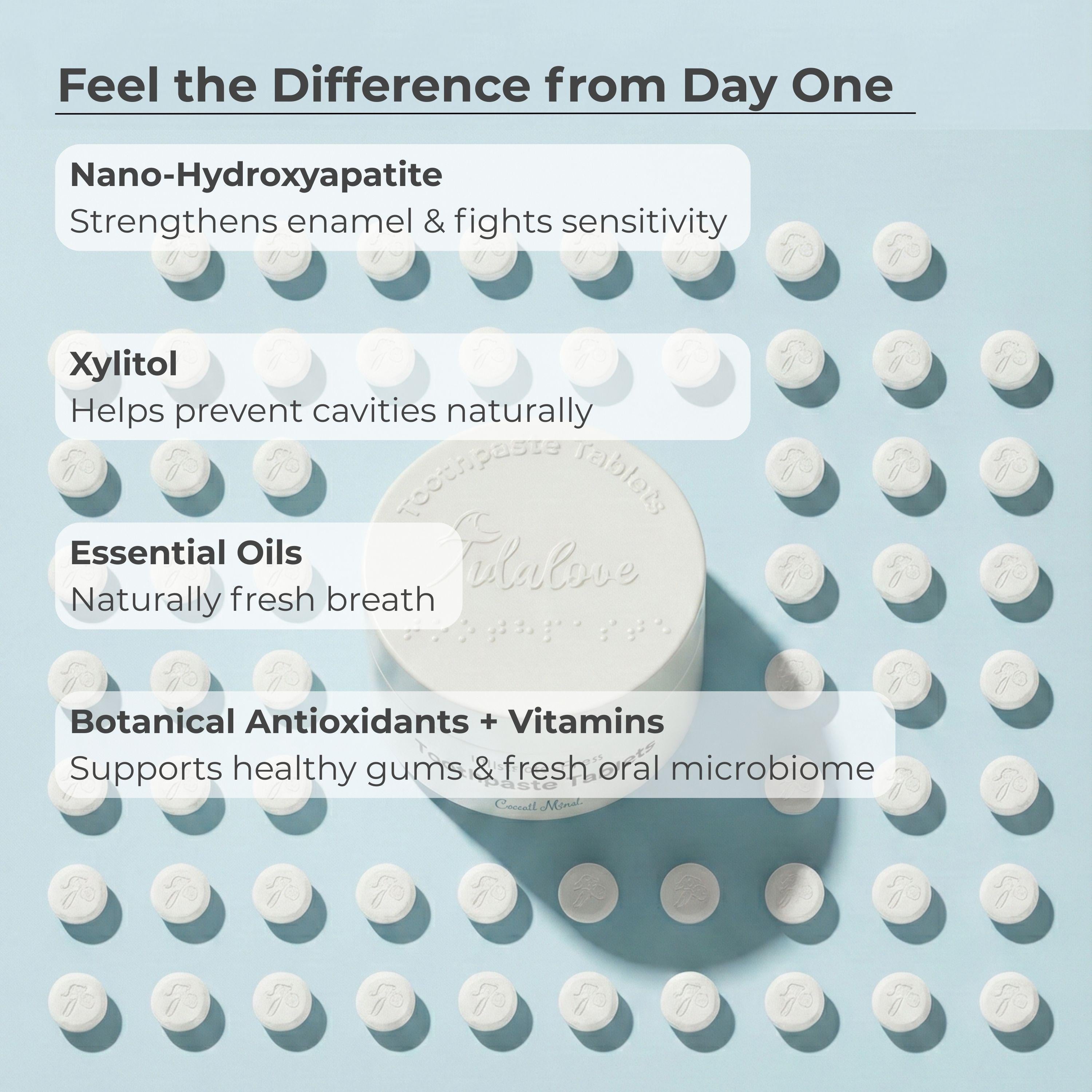 Dental tablets with text highlighting benefits on a light blue background