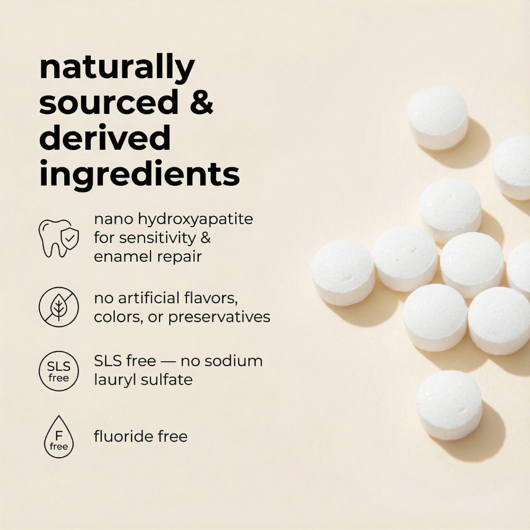 toothpaste tablets with text about naturally sourced ingredients on a beige background