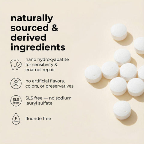 toothpaste tablets with text about naturally sourced ingredients on a beige background